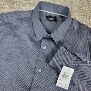 NWT 7 Diamonds Melange Stretch Mens Medium Black Gray Striped Button Up LS